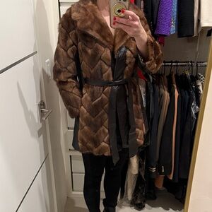 Vintage Brown Real Fur Coat with Black leather Belt small